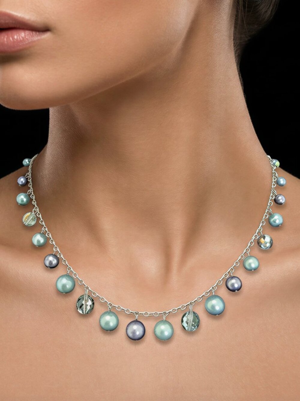 Aqua Lavender Faux Pearl Iridescent Beaded Fringe Necklace 16–19"
